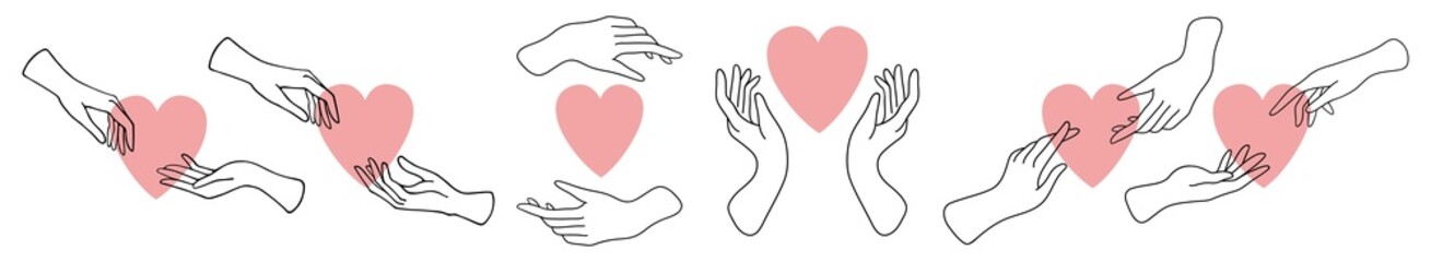Obraz premium Hands and heart. Hands reaching for each other. Couple in love. Charity and volunteering, social support, hope, protect love concept. Happy Valentine's day. World Heart Day. Outline hands. Flat design