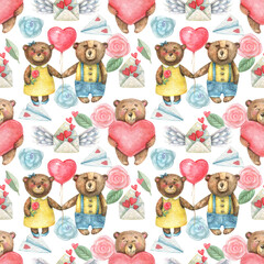 Watercolor seamless pattern with cute bears in love and a heart-shaped balloon. Valentine's Day holiday.