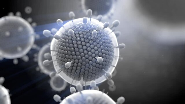 Paramyxovirus mumps , COVID pandemic, Close-up of virus under microscope. Realistic high quality medical 3d animation.