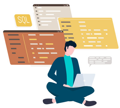 Young man programmer coding and correct errors in project. Guy sitting near web page template working on web development on computer. Concept of script coding and programming in php python javascript