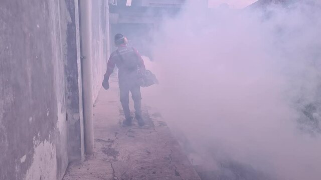Fogging treatment for mosquito control in urban areas. Professional mosquito eradication through fogging technique. Pest control worker using fogging machine to kill mosquitoes