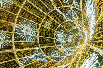 Christmas tree in the Plaza de la Constitución in the center of Malaga city at Christmas, Andalucia. Spain