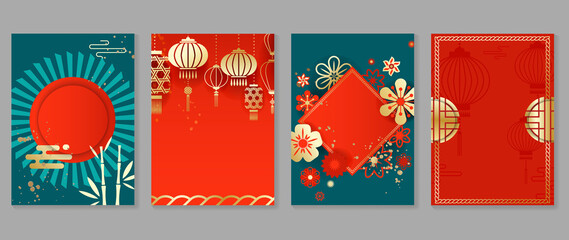 Fototapeta Chinese New Year covers background vectors. Luxury background design with gold Chinese  lantern and oriental decorative element for Asian Lunar New Year holiday cover, poster, ad and sale banner. obraz