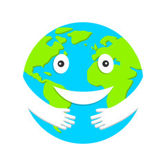 Smiley in the form of the Earth. Earth icon with eyes and hugging hands. Vector, cartoon illustration.
