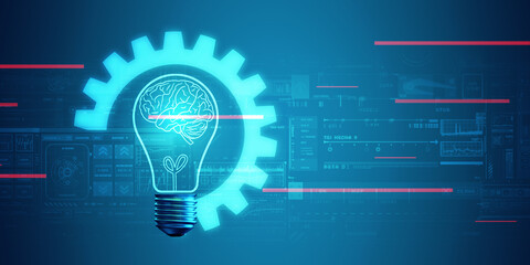 2d illustration Brainstorm concept with futuristic glowing low polygonal light bulb and human brain
