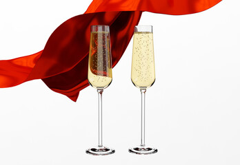 3D rendering couple white glasses of champagne and red drape