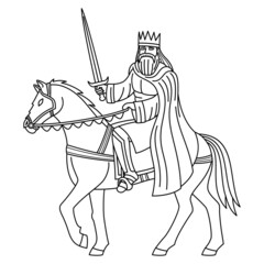 Contour drawing of a king with a sword riding a horse on a white background.