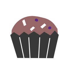 Vector isolated flat illustration with chocolate cupcake decorated by pastry topping. Home made muffin is sweet dessert for Christmas or Birthday party. Simple design on white background.