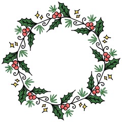 Christmas wreath frame with holly mistletoe in a cartoon doodle style for icons, decoration, greeting card