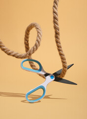 Stationery scissors cut thick rope. Idea work activity, housework, household chores.