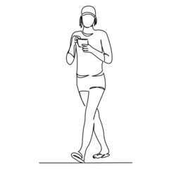 girl walks and drinks coffee