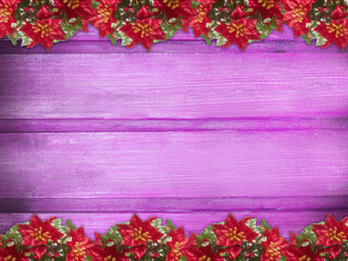 Winter wooden purple magenta orchid nature background with poinsettia two sides. Texture of painted wood horizontal boards. Christmas, New Year card with copy space.
