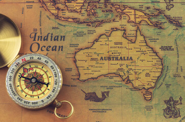 Fototapeta na wymiar Vintage world map with compass. Australia.