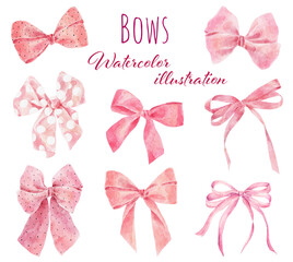 Set of watercolor pink bows isolated on white background.