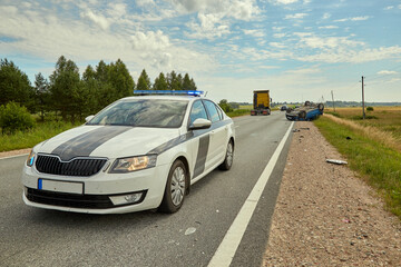 Police car on a scene of accident on a road