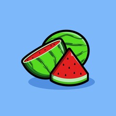 Fresh Colorful Watermelon Slice With Blue Background And Bold Outline Flat Vector Illustration
