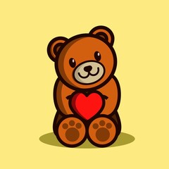 Cute Brown Teddy Bear Holding Heart or Love Shape Flat Vector Illustration