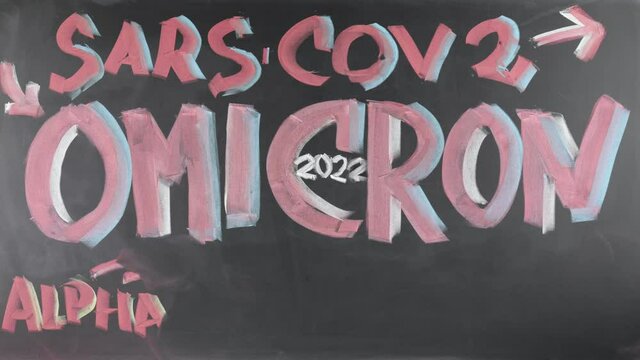 Stop motion of Omicron Sars Cov-2 2022 new variant red script and signs and other variants on a blackboard.