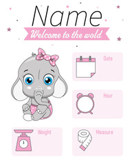 Cute elephant. Baby birth print. Baby data template at birth. 