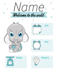 Cute elephant. Baby birth print. Baby data template at birth. Weight, measurement, time and day of birth