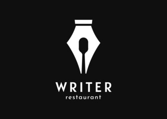 Pen Nib Writer Write Writing Author Creator with Spoon Cutlery Dishware for Restaurant Resto logo design vector