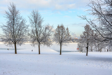 Fototapeta na wymiar A beautiful winter sunny day on the banks of the Neva River.