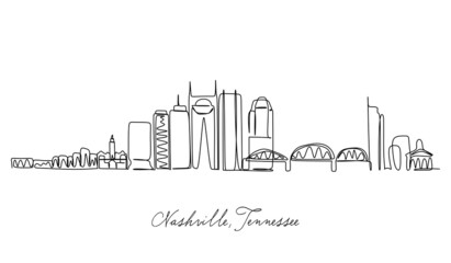 Obraz premium One continuous line drawing Nashville city skyline, Tennessee. Beautiful landmark. World landscape tourism travel vacation poster. Editable stylish stroke single line draw design vector illustration