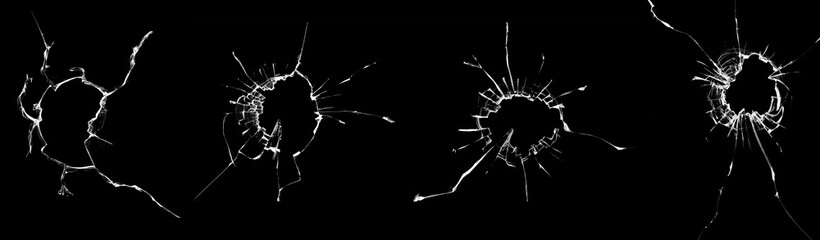 Set of broken glass, cracked isolated textures on a black background.
