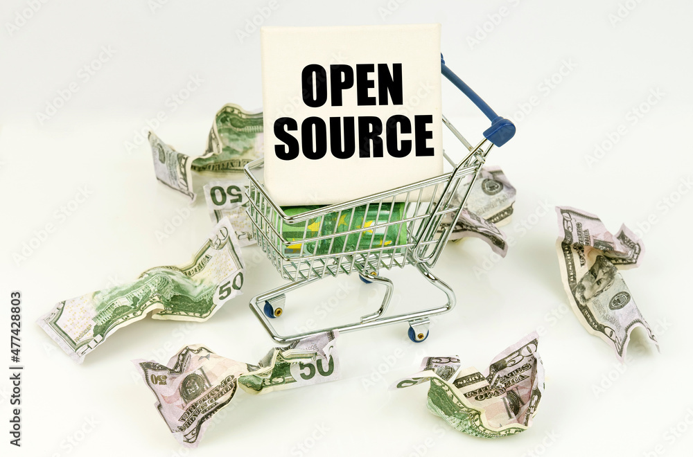 Poster Crumpled dollars lie on a white surface, there is a cart inside a sign with the inscription - OPEN SOURCE