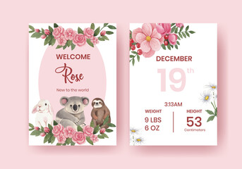 Baby stats card template with spring woodland wildlife concept,watercolor style