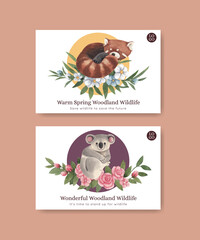 Facebook template with spring woodland wildlife concept,watercolor style