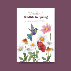 Poster template with spring woodland wildlife concept,watercolor style