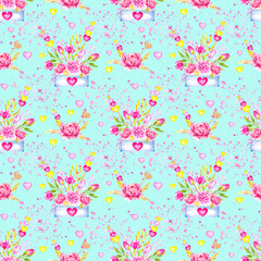 A botanical pattern with a bouquet in a box, peonies, tulips, splashes, hearts