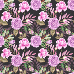 Botanical pattern with pink roses, buds on a dark background