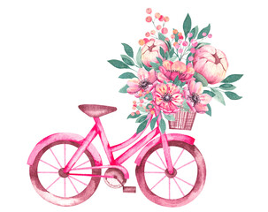 Watercolor bicycle with a basket of anemone flowers