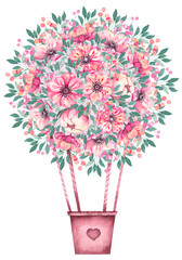 Watercolor hot air balloon made of anemone flowers