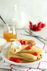 Concept of tasty food with crepes, close up