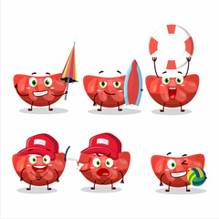 Happy Face red orange gummy candy cartoon character playing on a beach