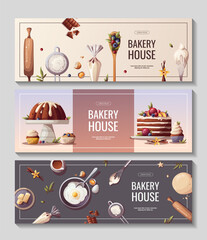 Set of banners for baking, bakery shop, cooking, sweet products, dessert, pastry. Vector illustration for poster, banner, cover, flyer, menu, sale, advertising.