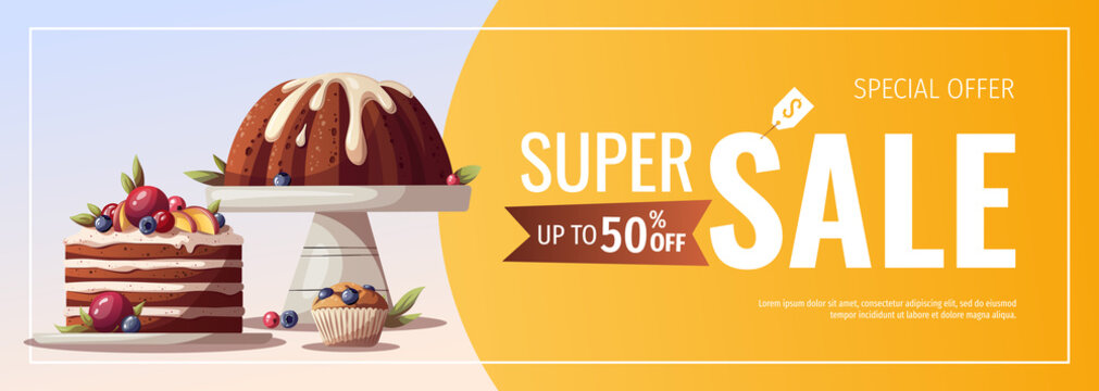 Banner design with cakes for baking, bakery shop, cooking, sweet products, dessert, pastry. Vector illustration for poster, banner, cover, flyer, menu, sale, advertising.