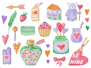 Watercolor set for Valentine's Day. Hearts, sweets, candles , decorations, gifts and other cute elements