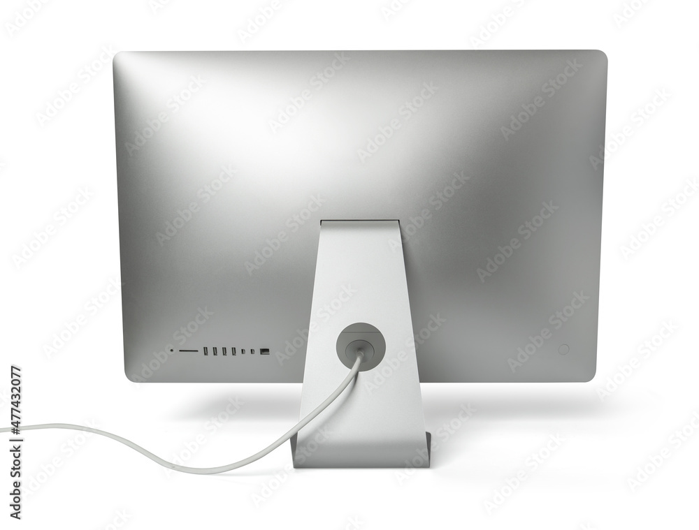 Poster back view of computer desktop isolated on white background