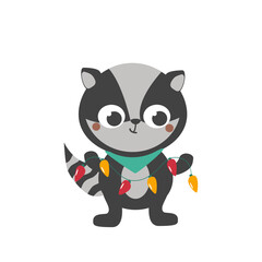 Cute funny little badger is holding a colorful festive garland. Christmas cute character. Merry Christmas. Vector illustration. Greeting card