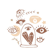 Magic circle illustration with Witch details. Esoteric hand painted print with astrological symbols, crystals, sun, hourglass, potion, evil eye, occult hand. Boho colors, witchcraft esoteric