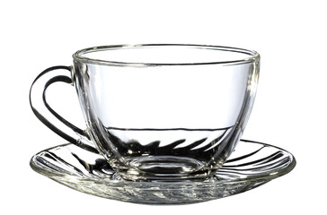 transparent glass teacup on a white background