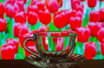 glass cup on the background of tulips