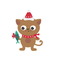 A cute little kitten in a Santa Claus hat and a warm scarf holds a fish with a gift red bow. Christmas cute character. Merry Christmas. Vector illustration. Greeting card