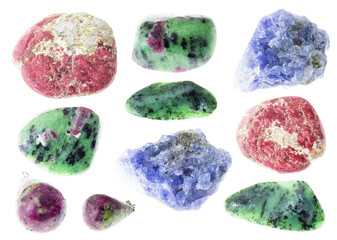 set of various zoisite stones cutout on white