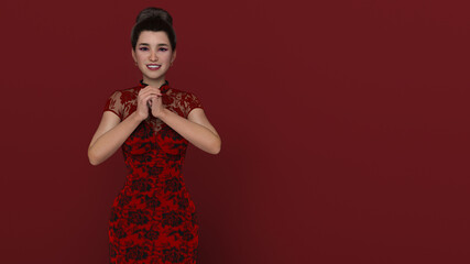 3D Render : Portrait of young Asian woman in traditional cheongsam chinese dress with gesture of congratulation on chinese new year day isolated on red background, happy Chinese new year concept 