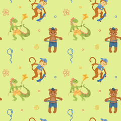 Fototapeta premium Seamless pattern, Iguana with kite, bear with hula hoop, monkey skateboarder